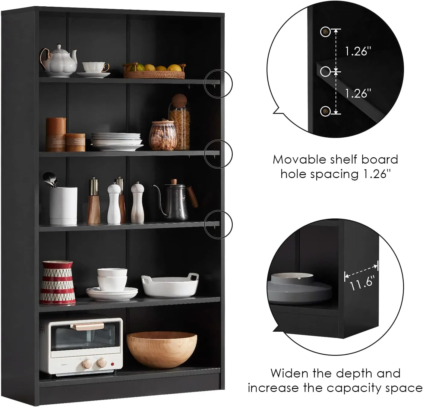 Farini Black 5 Shelf Modern Wood Bookshelf - 60 Inch Tall, Wide Manga & Bookcase for Bedroom & Living Room