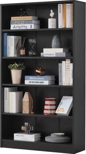 Farini Black 5 Shelf Modern Wood Bookshelf - 60 Inch Tall, Wide Manga & Bookcase for Bedroom & Living Room