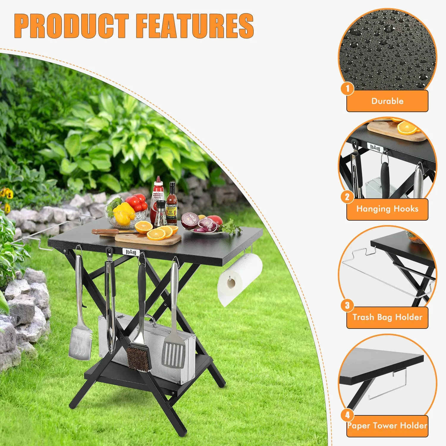 Feasto Large Folding Table Foldable Grill Stand and Pizza Oven Stand Portable Outdoor Food Prep Table Friendly to Storage Ideal for Camp or RV Black