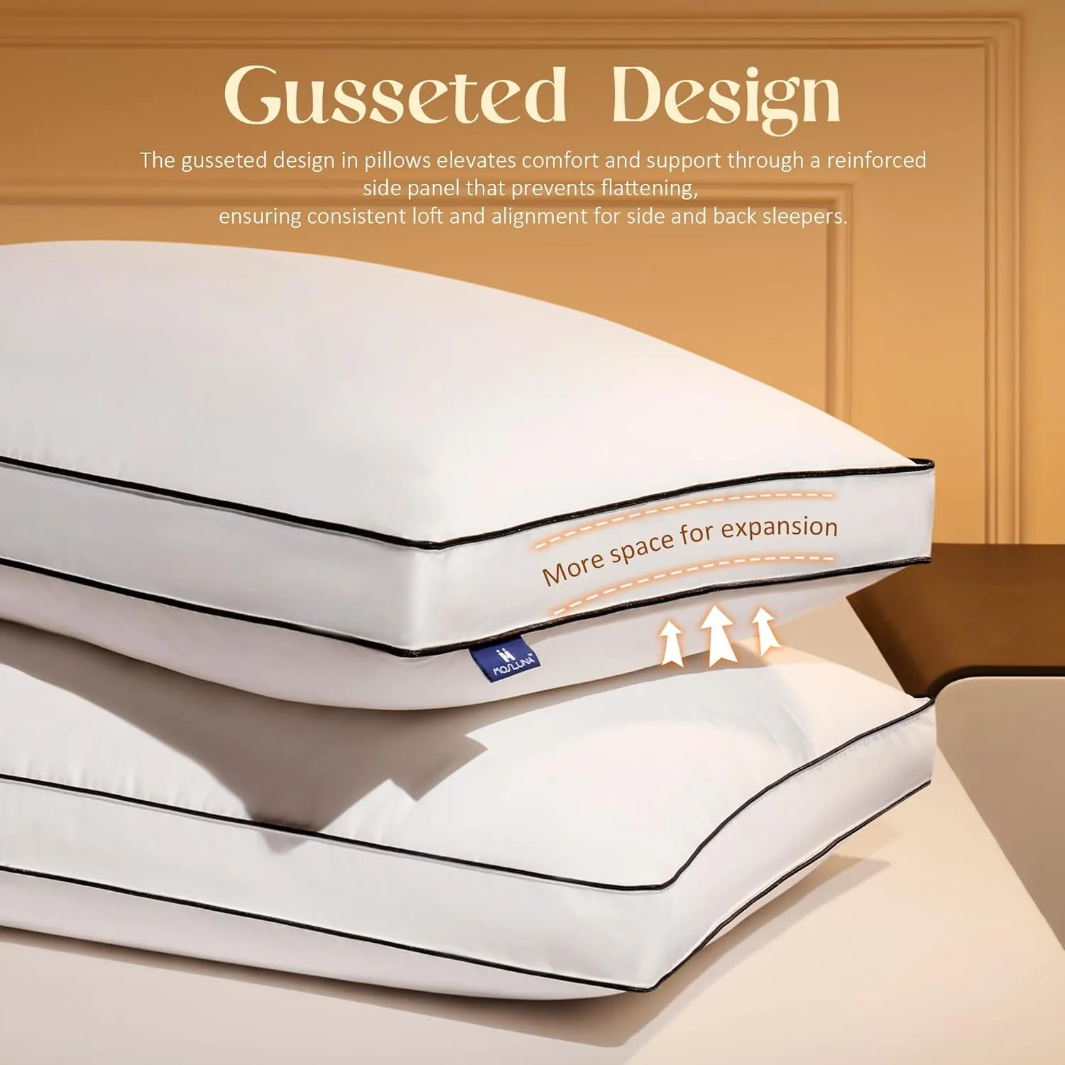 Feather Down Pillows Queen Size Set of 2 with Gusset, Luxury Hotel Collection Bed Pillow 2 Pack, Down Surrounded Gusseted Pillows for Sleeping, Soft Fluffy for Side, Back Sleepers 20x30 in.