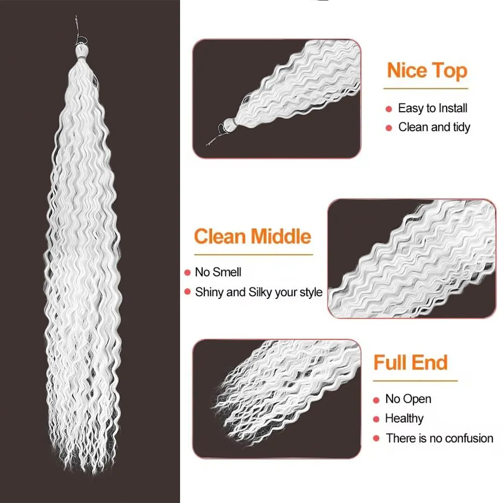 Felek Ocean Wave Crochet Braiding Hair 30inch 3 Packs White Color Long Water Wave Synthetic Trendy Tresses Wavy Curly Crochet Braids Hair For Black Women(White,#60)