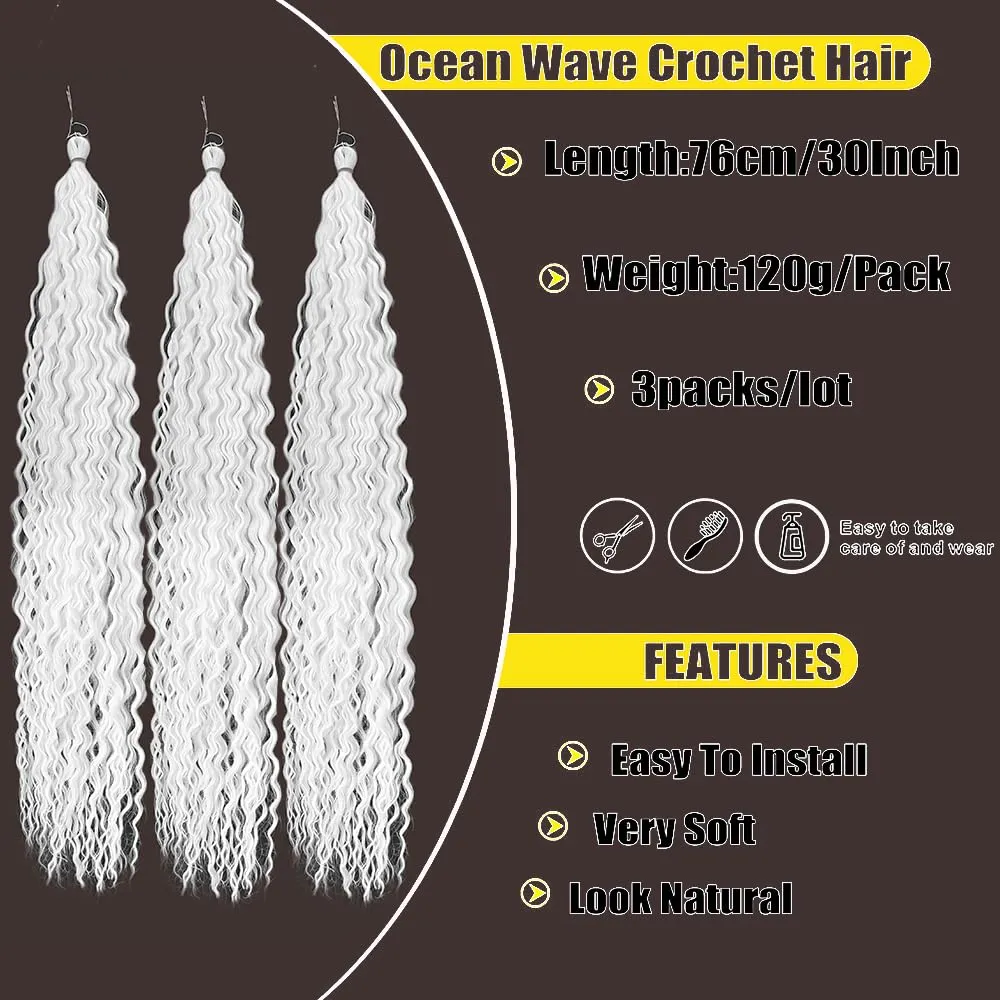 Felek Ocean Wave Crochet Braiding Hair 30inch 3 Packs White Color Long Water Wave Synthetic Trendy Tresses Wavy Curly Crochet Braids Hair For Black Women(White,#60)