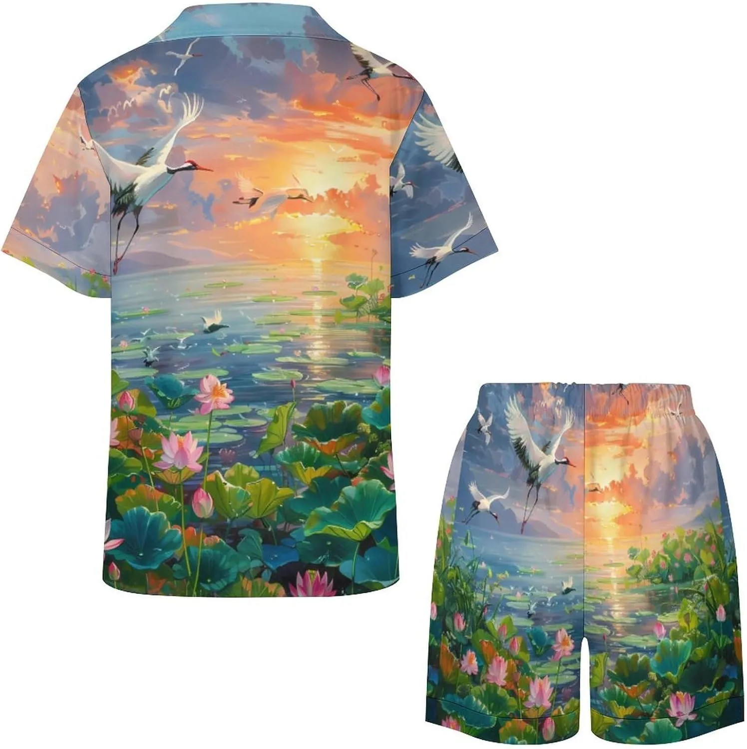Feng Shui Lotuses Flower Blooming Women's Satin Pajama Set Short Sleeve Button Down Sleepwear Loungewear Pj Set
