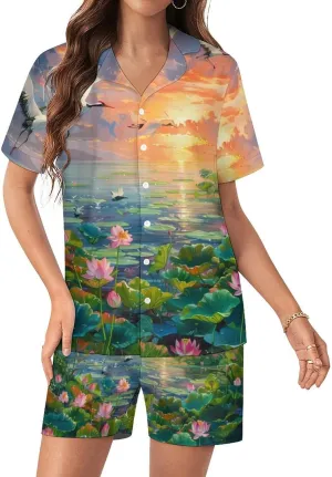 Feng Shui Lotuses Flower Blooming Women's Satin Pajama Set Short Sleeve Button Down Sleepwear Loungewear Pj Set