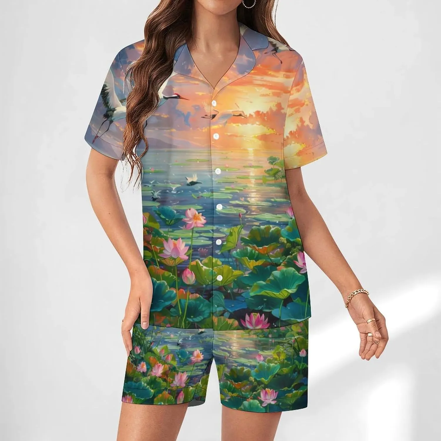 Feng Shui Lotuses Flower Blooming Women's Satin Pajama Set Short Sleeve Button Down Sleepwear Loungewear Pj Set