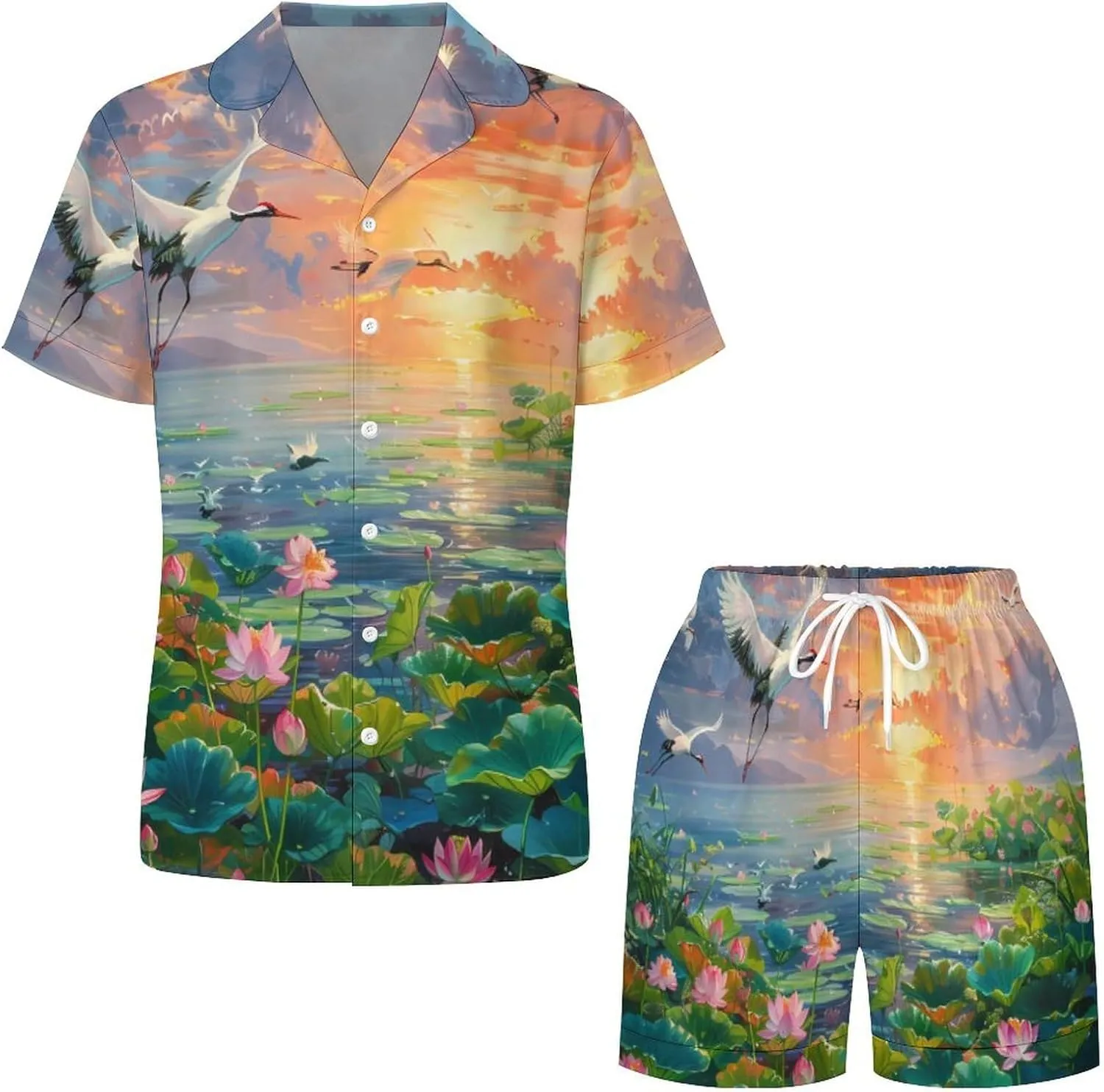 Feng Shui Lotuses Flower Blooming Women's Satin Pajama Set Short Sleeve Button Down Sleepwear Loungewear Pj Set