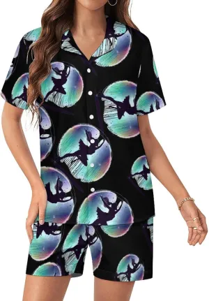 Figure Skating Women's Satin Pajama Set Short Sleeve Button Down Sleepwear Loungewear Pj Set