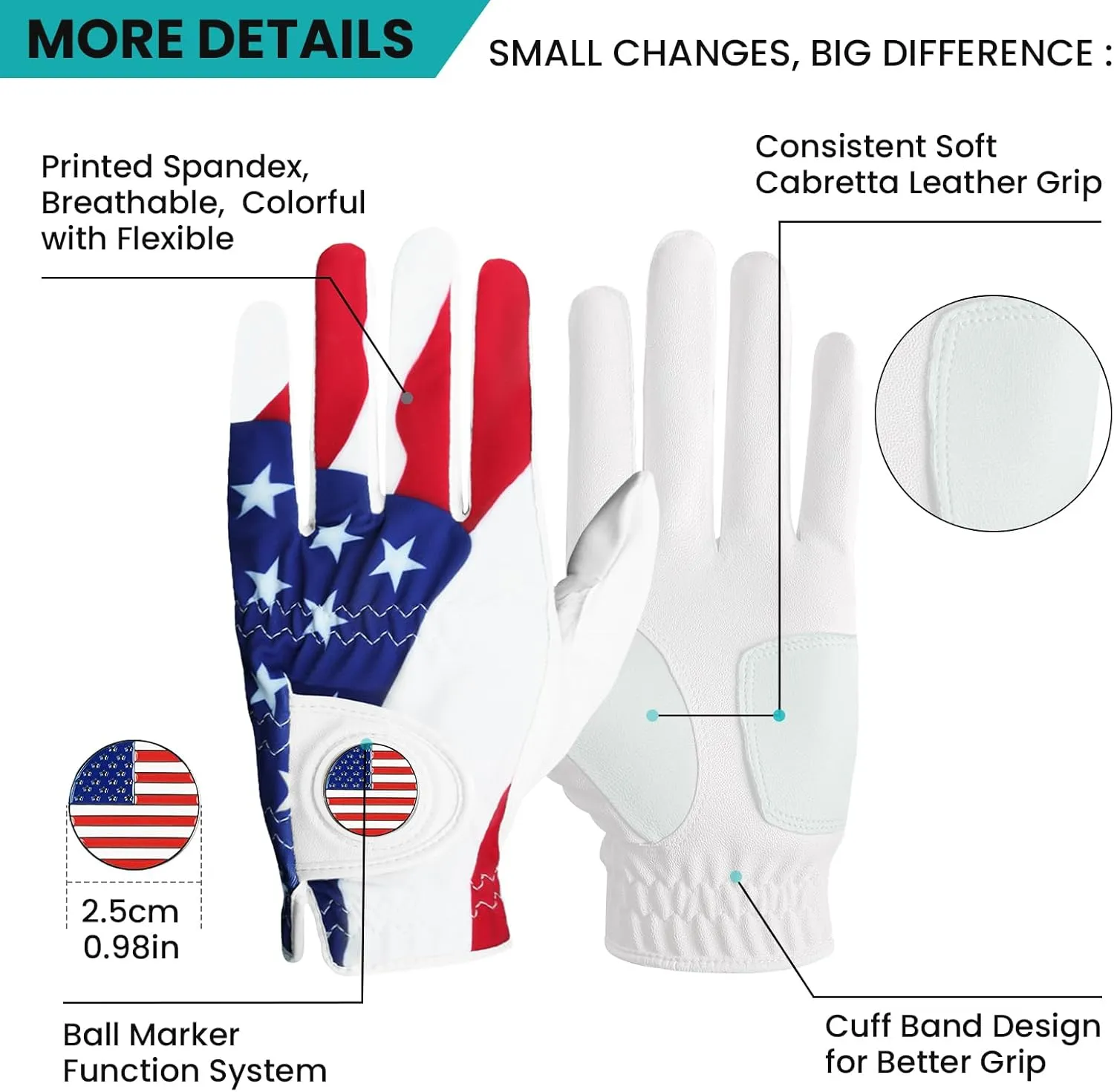 FINGER TEN Golf Gloves Men Right Handed Golfer Left Hand with Ball Marker 2 Pack Leather Breathable Comfortable Weathersof Grip Size Small Medium ML Large XL