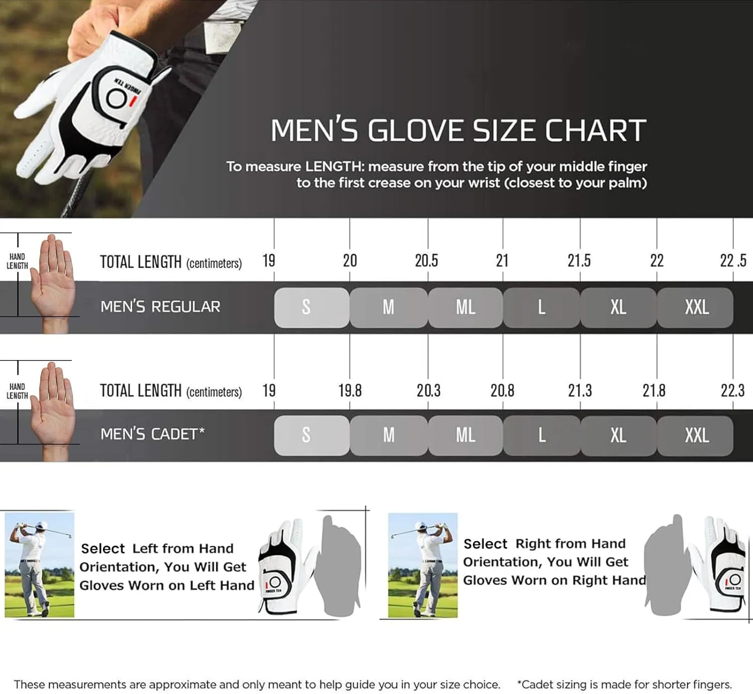 FINGER TEN Golf Gloves Men Right Left Handed Golfer 3/6 Pack Mens Golf Glove Left Right Hand Soft Cabretta Leather All Weather Grip Size S M ML L XL