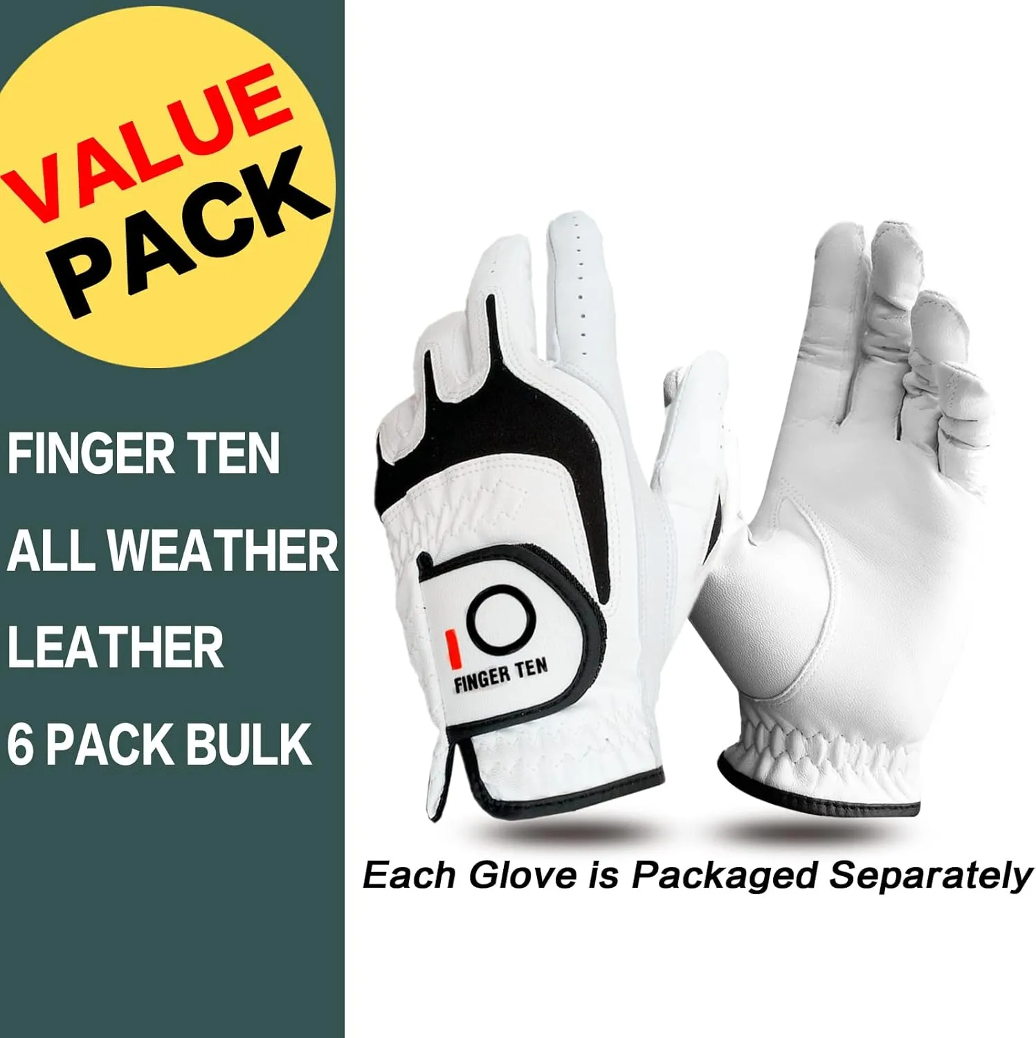 FINGER TEN Golf Gloves Men Right Left Handed Golfer 3/6 Pack Mens Golf Glove Left Right Hand Soft Cabretta Leather All Weather Grip Size S M ML L XL