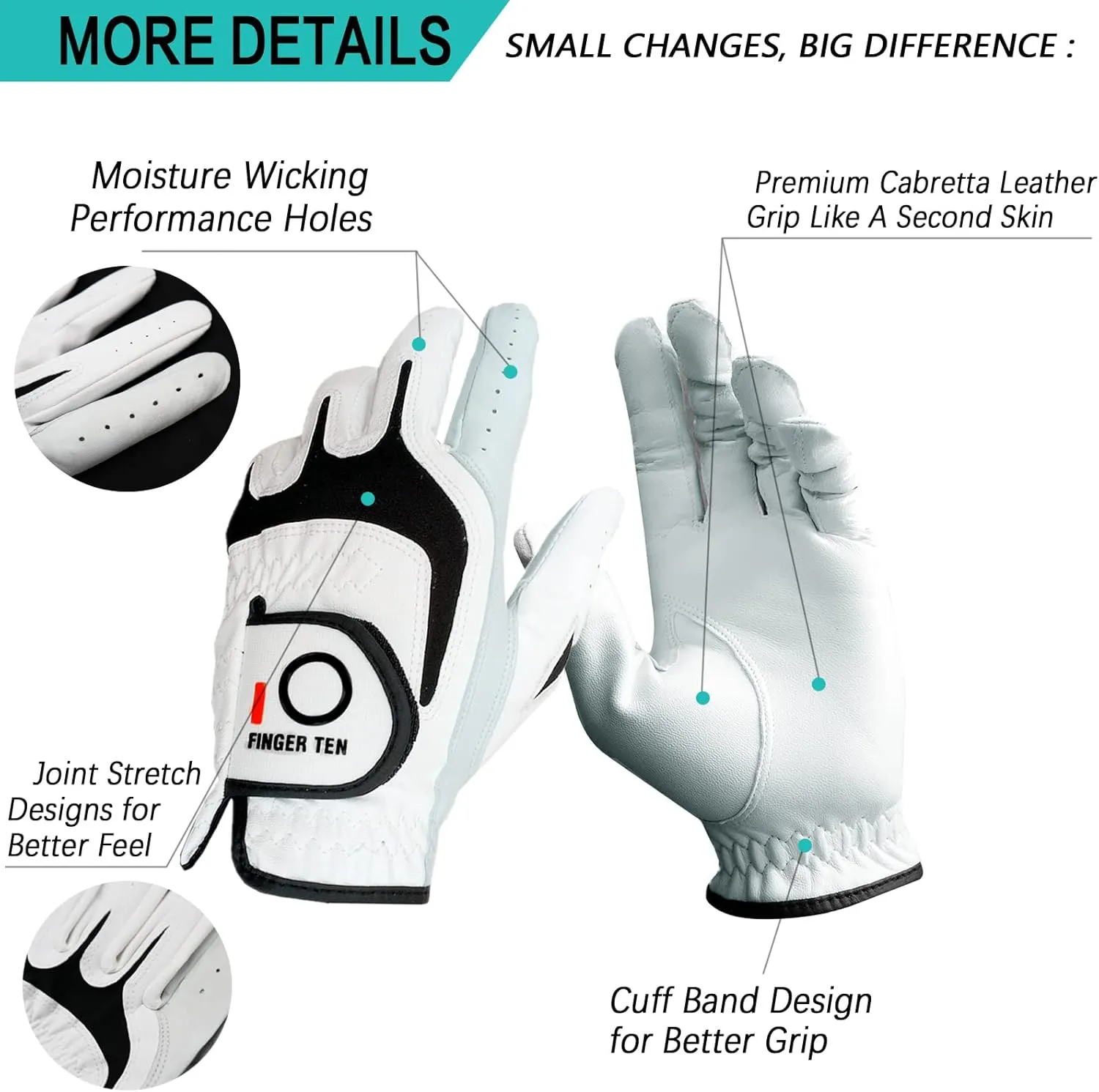 FINGER TEN Golf Gloves Men Right Left Handed Golfer 3/6 Pack Mens Golf Glove Left Right Hand Soft Cabretta Leather All Weather Grip Size S M ML L XL