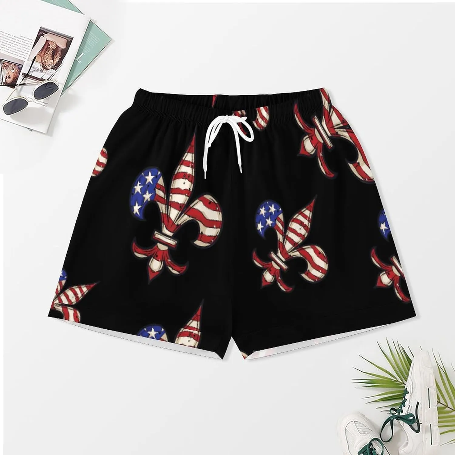 Fleur De Lis American Flag Women's Satin Pajama Set Short Sleeve Button Down Sleepwear Loungewear Pj Set