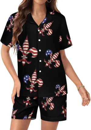Fleur De Lis American Flag Women's Satin Pajama Set Short Sleeve Button Down Sleepwear Loungewear Pj Set