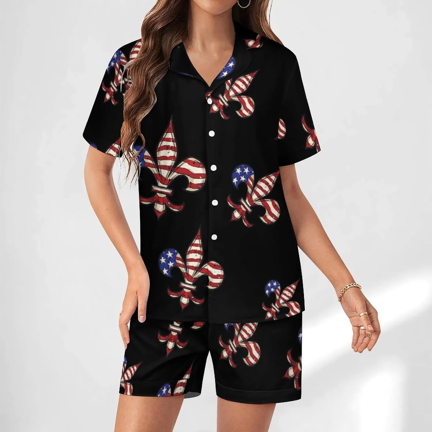 Fleur De Lis American Flag Women's Satin Pajama Set Short Sleeve Button Down Sleepwear Loungewear Pj Set