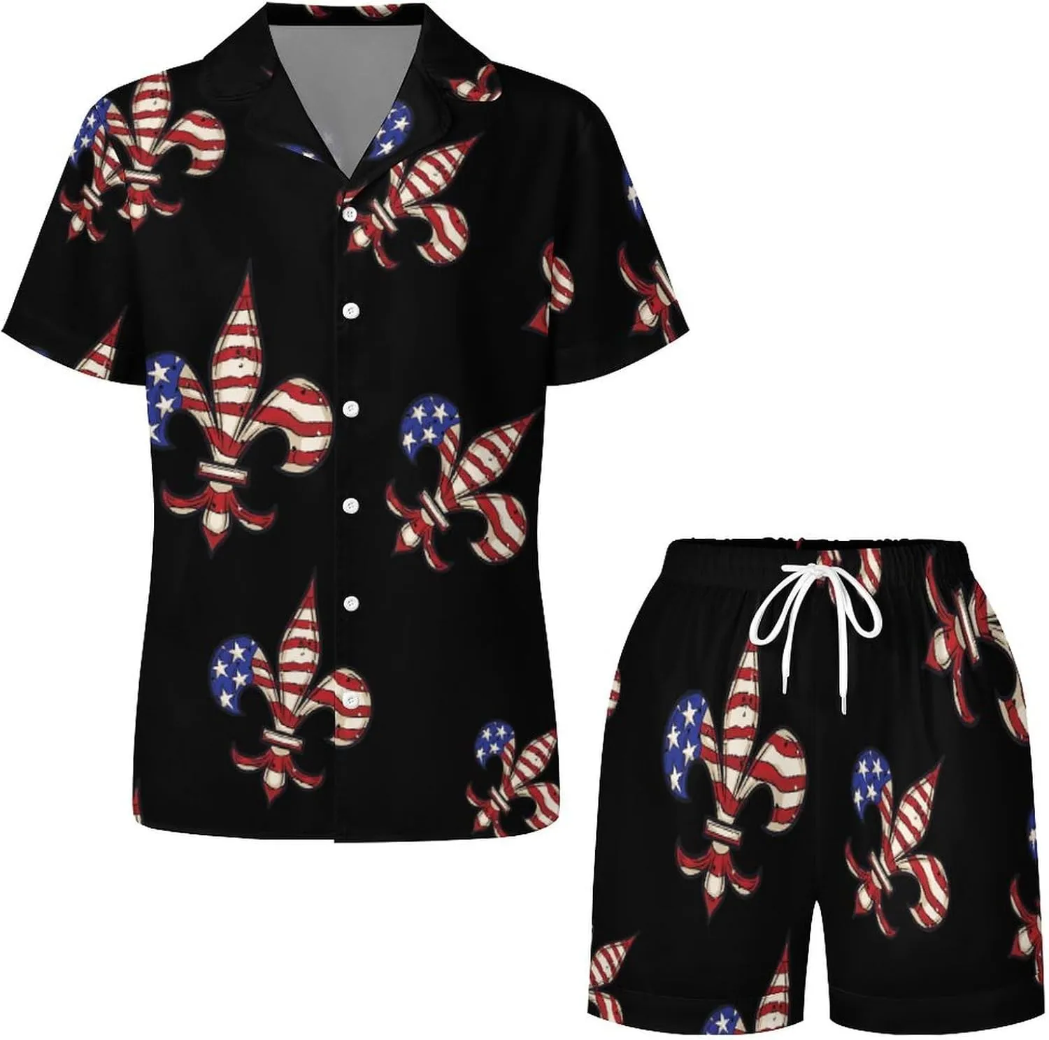 Fleur De Lis American Flag Women's Satin Pajama Set Short Sleeve Button Down Sleepwear Loungewear Pj Set