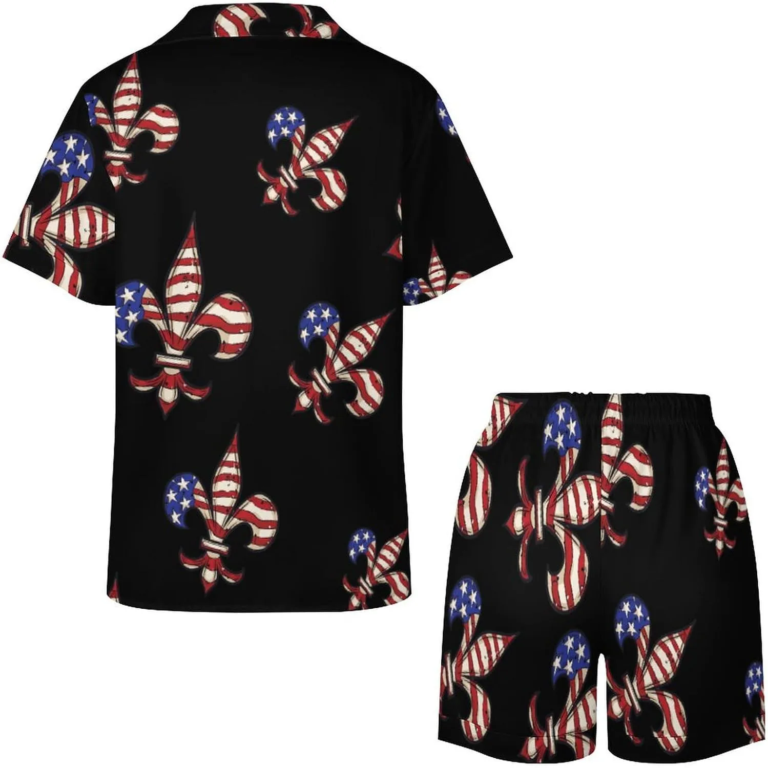 Fleur De Lis American Flag Women's Satin Pajama Set Short Sleeve Button Down Sleepwear Loungewear Pj Set
