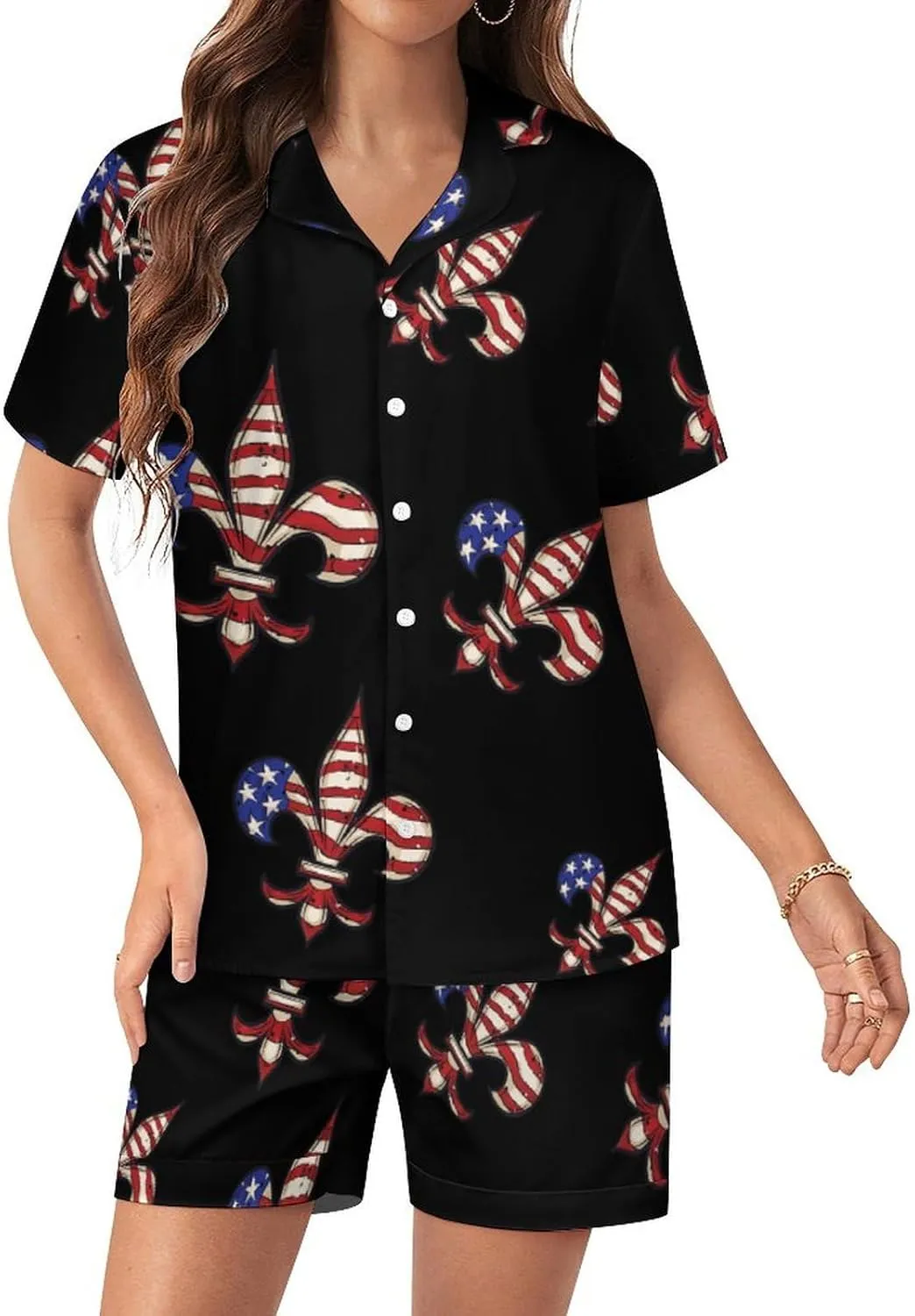 Fleur De Lis American Flag Women's Satin Pajama Set Short Sleeve Button Down Sleepwear Loungewear Pj Set