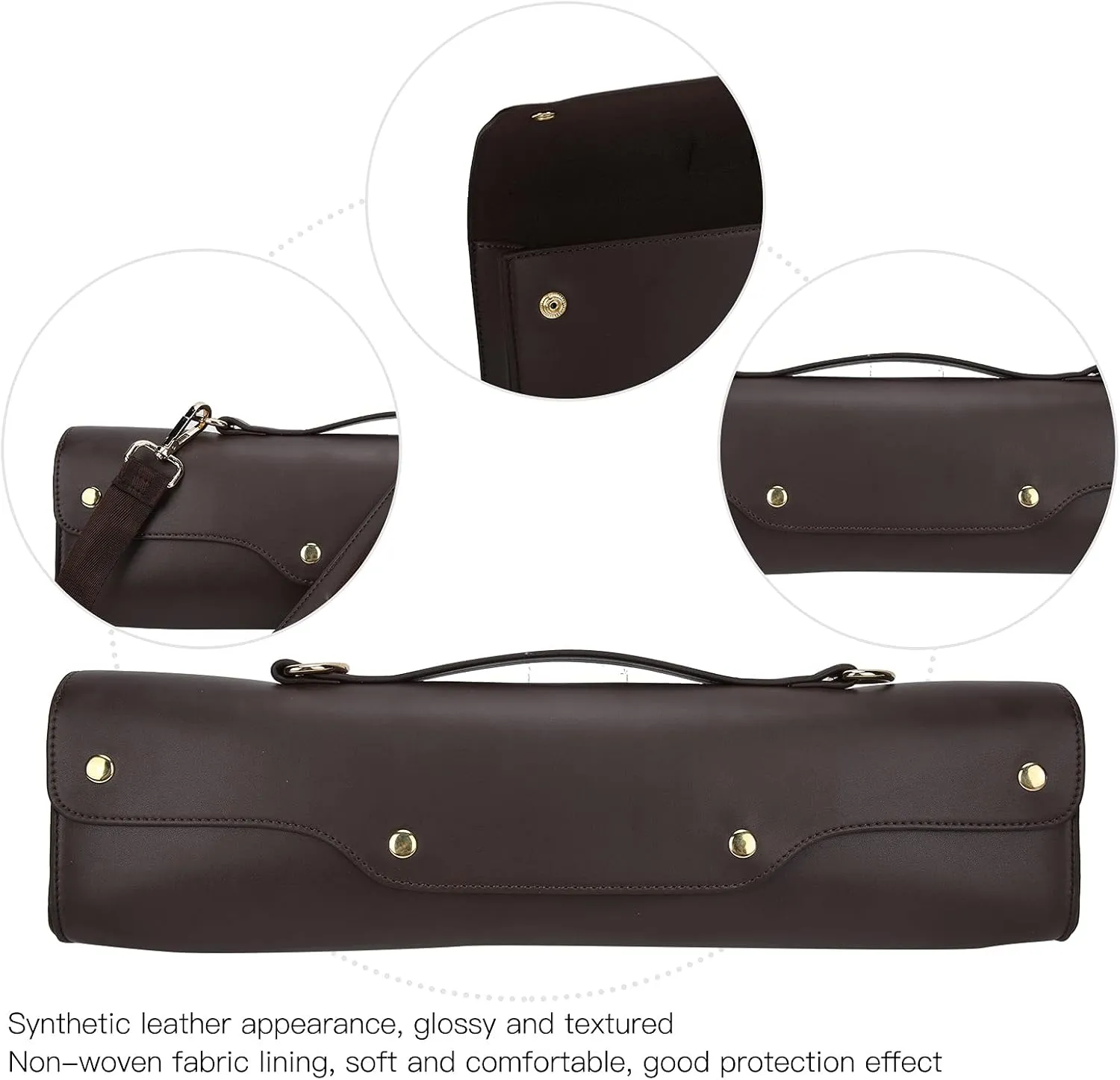 Flute Carrying Bag, Synthetic Leather Hand Bag for Wind Instrument, Portable with Shoulder Strap, 360° Rotating Hanging Buckle, Soft Non Woven Fabric Lining, sturdy and Protectiv (Coffee)