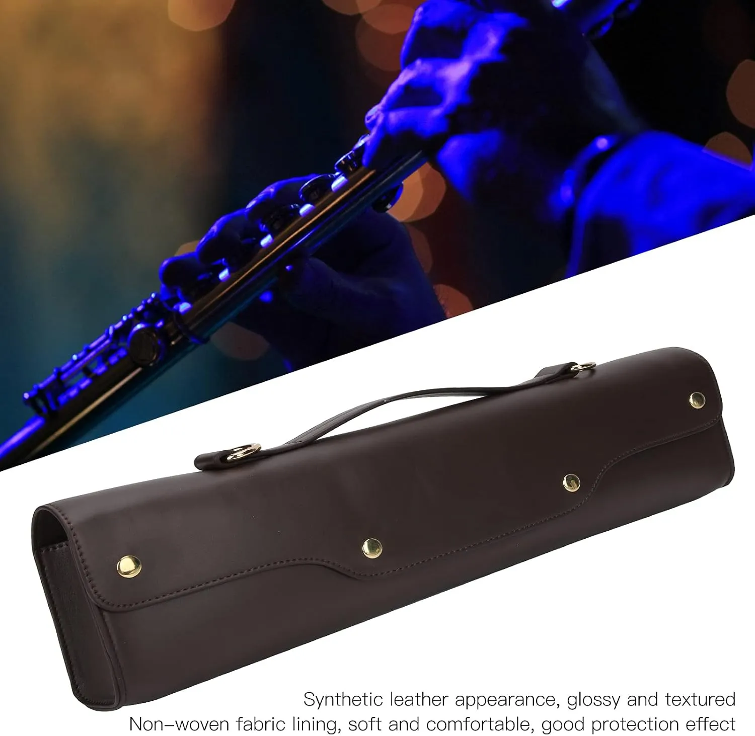 Flute Carrying Bag, Synthetic Leather Portable Flute Storage Case with Shoulder Strap, 360° Rotating Lock Buckle, Soft Non Woven Fabric Lining, Suitable for Flute Protection and (Coffee)