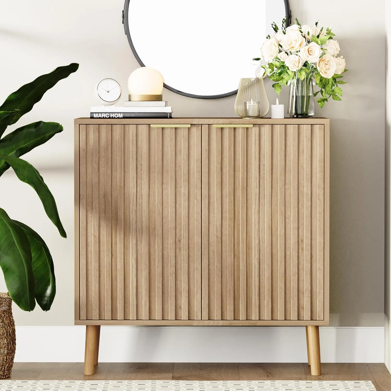 Fluted Storage Cabinet, Free Standing Buffet, Wood Sideboard, Multifunctional Accent Storage for Living Room, Hallway, Entryway, Dining Room (1, Oak)