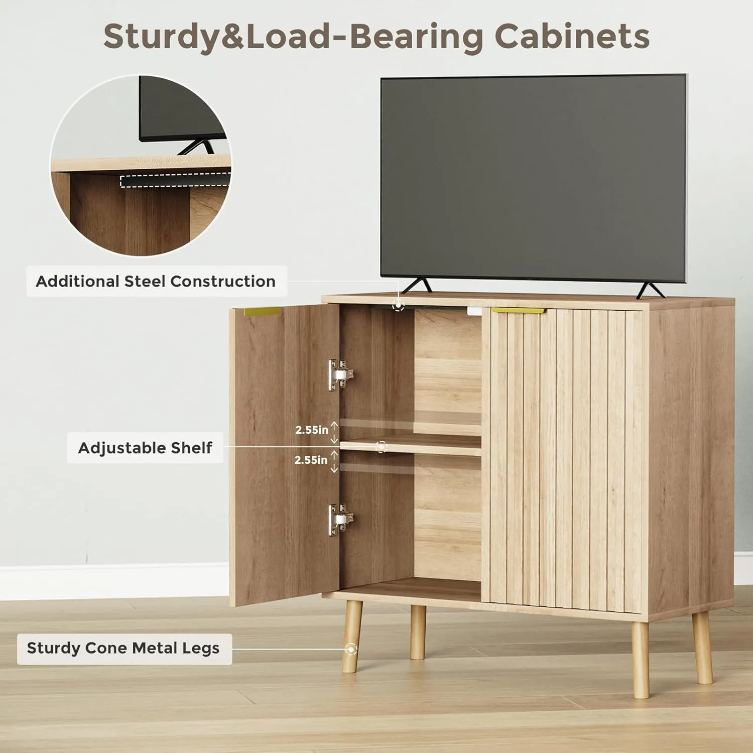 Fluted Storage Cabinet, Free Standing Buffet, Wood Sideboard, Multifunctional Accent Storage for Living Room, Hallway, Entryway, Dining Room (1, Oak)