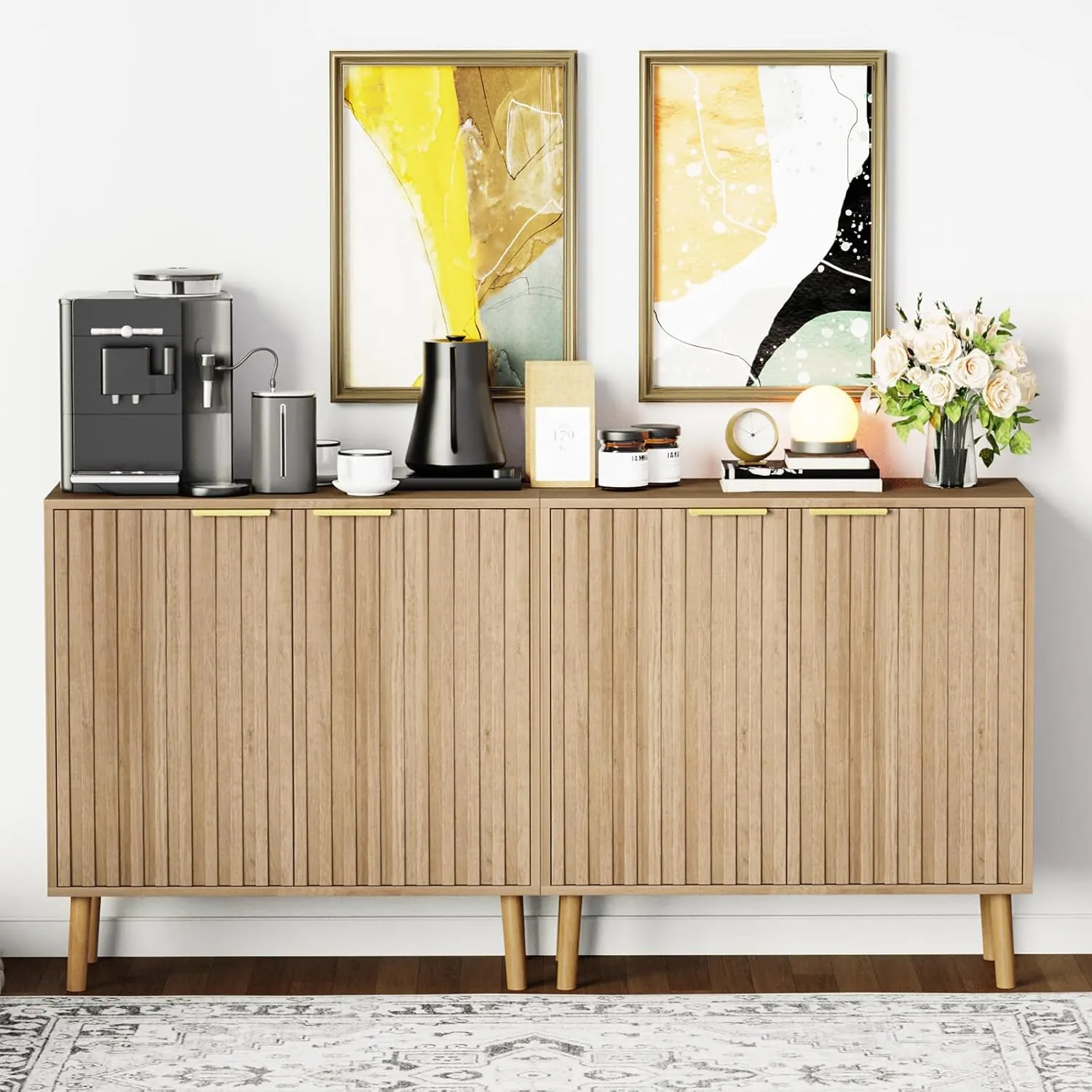 Fluted Storage Cabinet, Free Standing Buffet, Wood Sideboard, Multifunctional Accent Storage for Living Room, Hallway, Entryway, Dining Room (1, Oak)