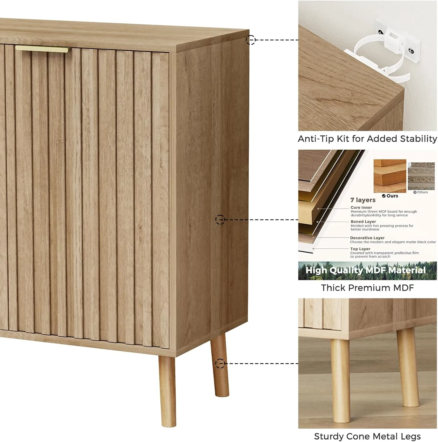 Fluted Storage Cabinet, Free Standing Buffet, Wood Sideboard, Multifunctional Accent Storage for Living Room, Hallway, Entryway, Dining Room (1, Oak)