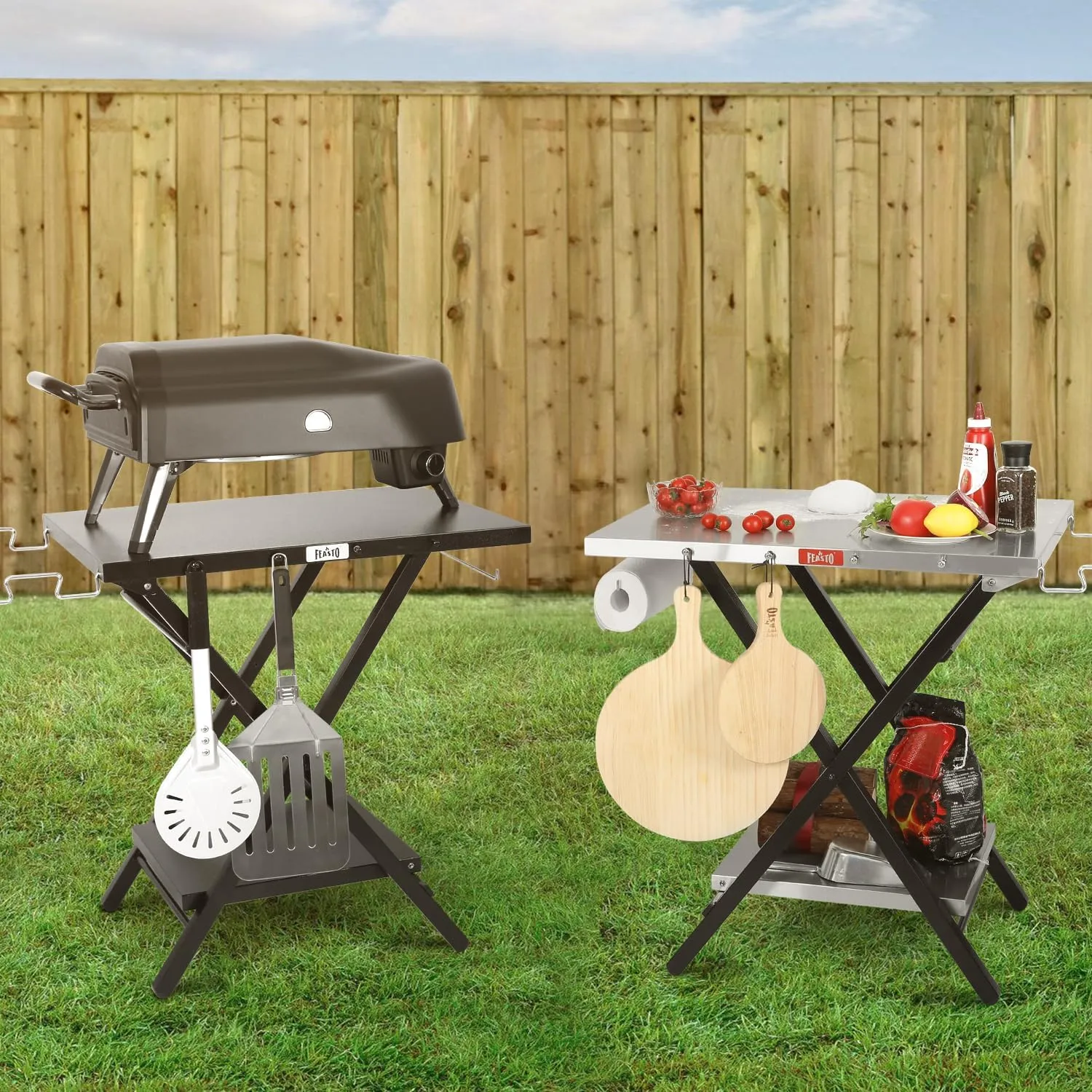 Foldable Grill Table with Extra Storage Bottom Shelf, Outdoor Indoor Foldable Outdoor Grill Stand Table with Garage Rack & Tissue Holder,Easy Set-up, 30" x 24", Black