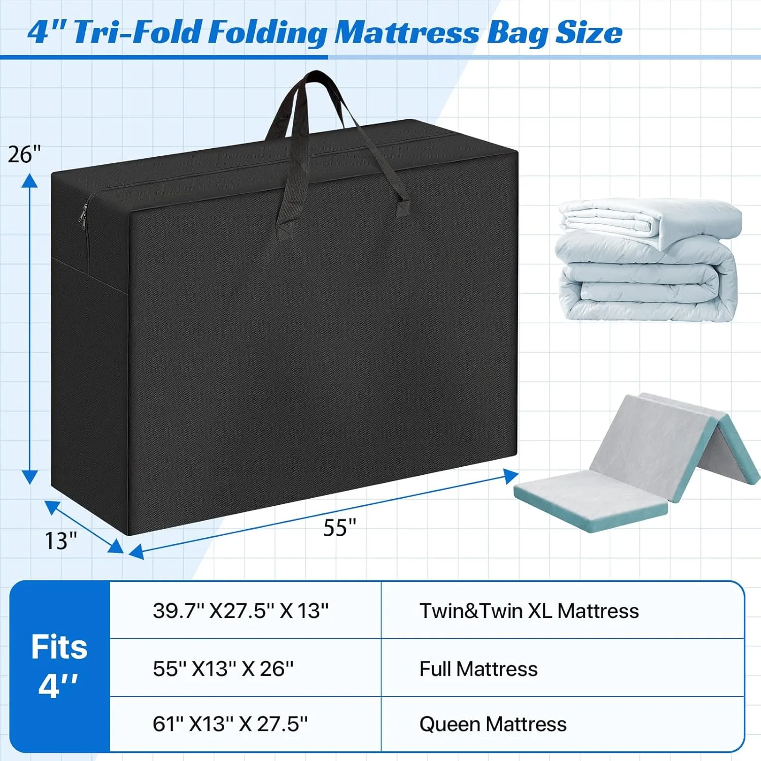 Foldable Mattress Storage Bag, 55"x13"x26" Portable Waterproof Carry Case for Trifold Memory Foam Full Folding Mattress, 600D Oxford Heavy Duty Camping Cots Bag, Black