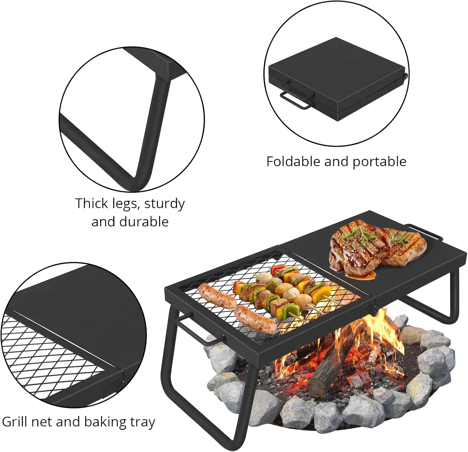 Folding Campfire Grill, 22.4"×11.2"Heavy Duty Steel Mesh Grate, Portable Camping Grates Over Fire Pit, Camp Fire Cooking Equipment with Legs Carrying Bag, Grilling Rack for Outdoor Open Flame Cooking