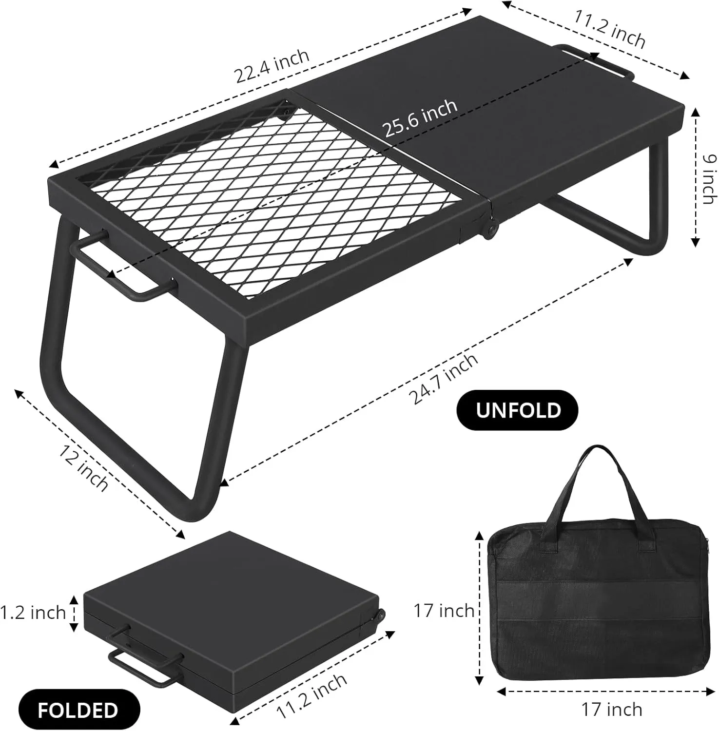 Folding Campfire Grill, 22.4"×11.2"Heavy Duty Steel Mesh Grate, Portable Camping Grates Over Fire Pit, Camp Fire Cooking Equipment with Legs Carrying Bag, Grilling Rack for Outdoor Open Flame Cooking