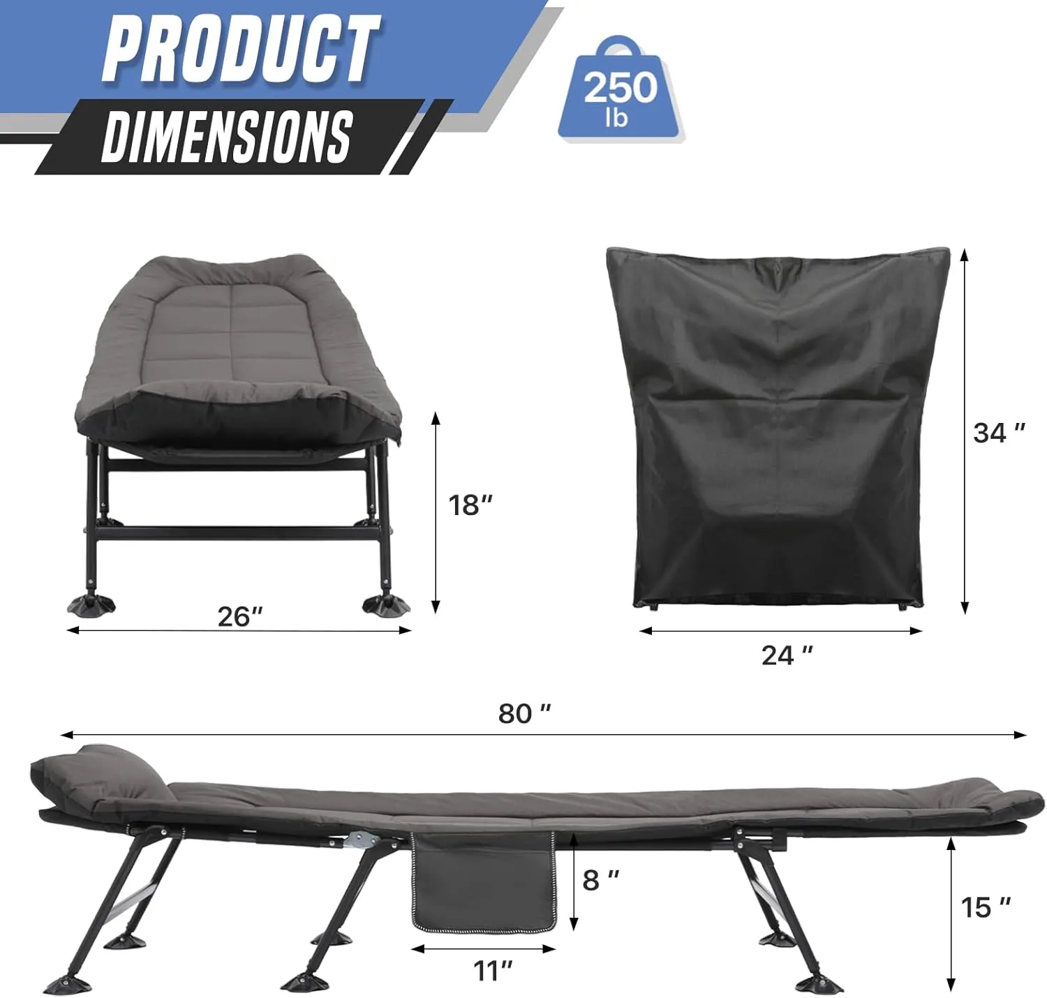 Folding Camping Cot for Adults, Portable Sleeping Cot with Adjustable Backrest, Side Pocket, Pillow, and Anti-Sink Foot Covers, Supports 250lbs, Ideal for Car & Tent Camping, Hiking