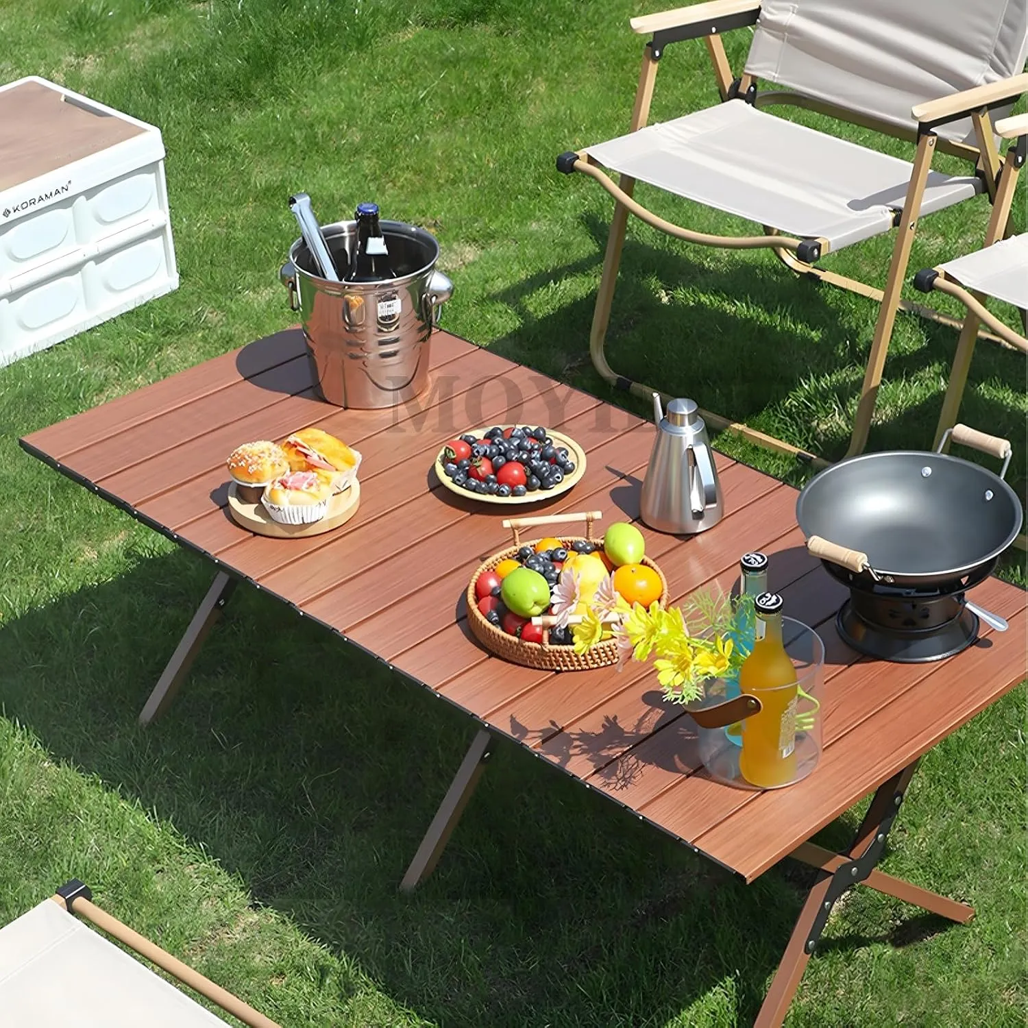 Folding Camping Table, Portable Picnic Table, Low Outdoor Table, Fold Up Collapsible Roll Up Metal Camp with Carry Bag for Beach Party Patio BBQ Travel,Walnut,M