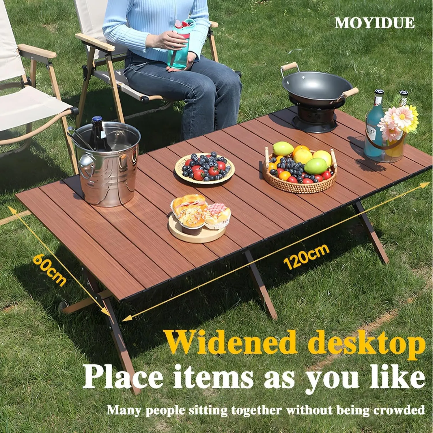 Folding Camping Table, Portable Picnic Table, Low Outdoor Table, Fold Up Collapsible Roll Up Metal Camp with Carry Bag for Beach Party Patio BBQ Travel,Walnut,M
