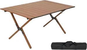 Folding Camping Table, Portable Picnic Table, Low Outdoor Table, Fold Up Collapsible Roll Up Metal Camp with Carry Bag for Beach Party Patio BBQ Travel,Walnut,M
