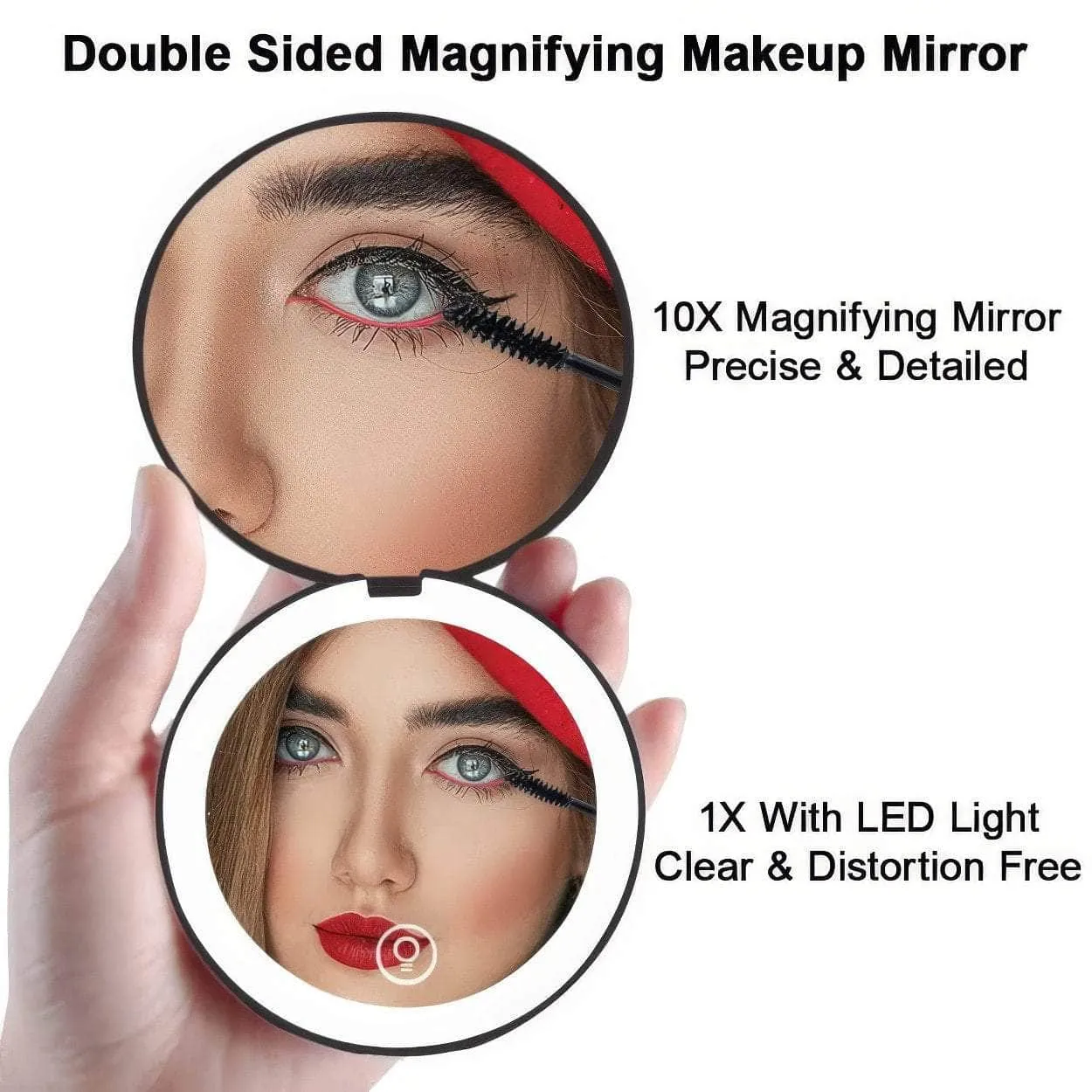 Folding compact LED light makeup mirror with 10X magnification