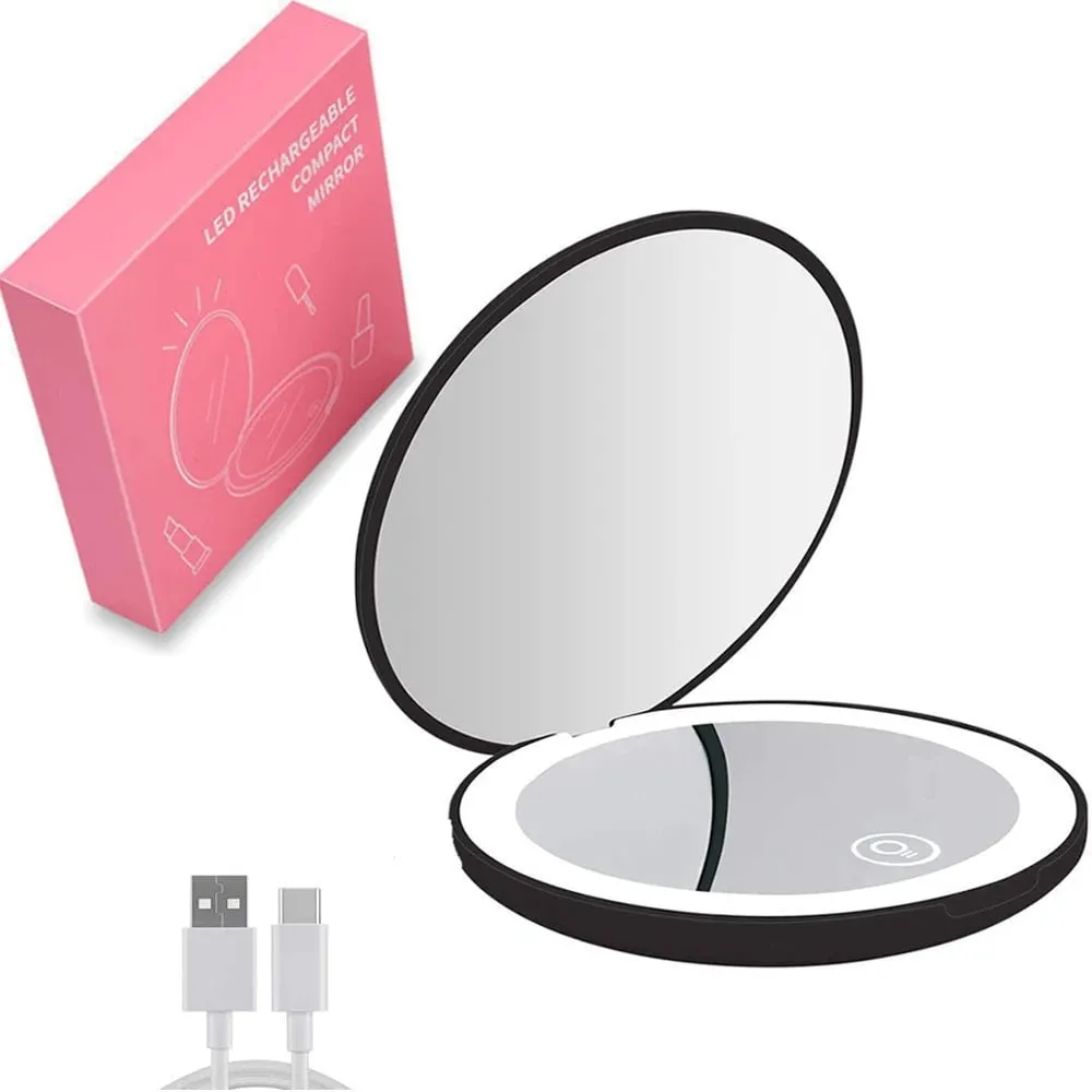 Folding compact LED light makeup mirror with 10X magnification