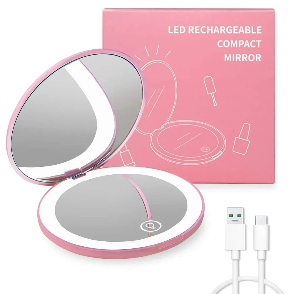 Folding compact LED light makeup mirror with 10X magnification