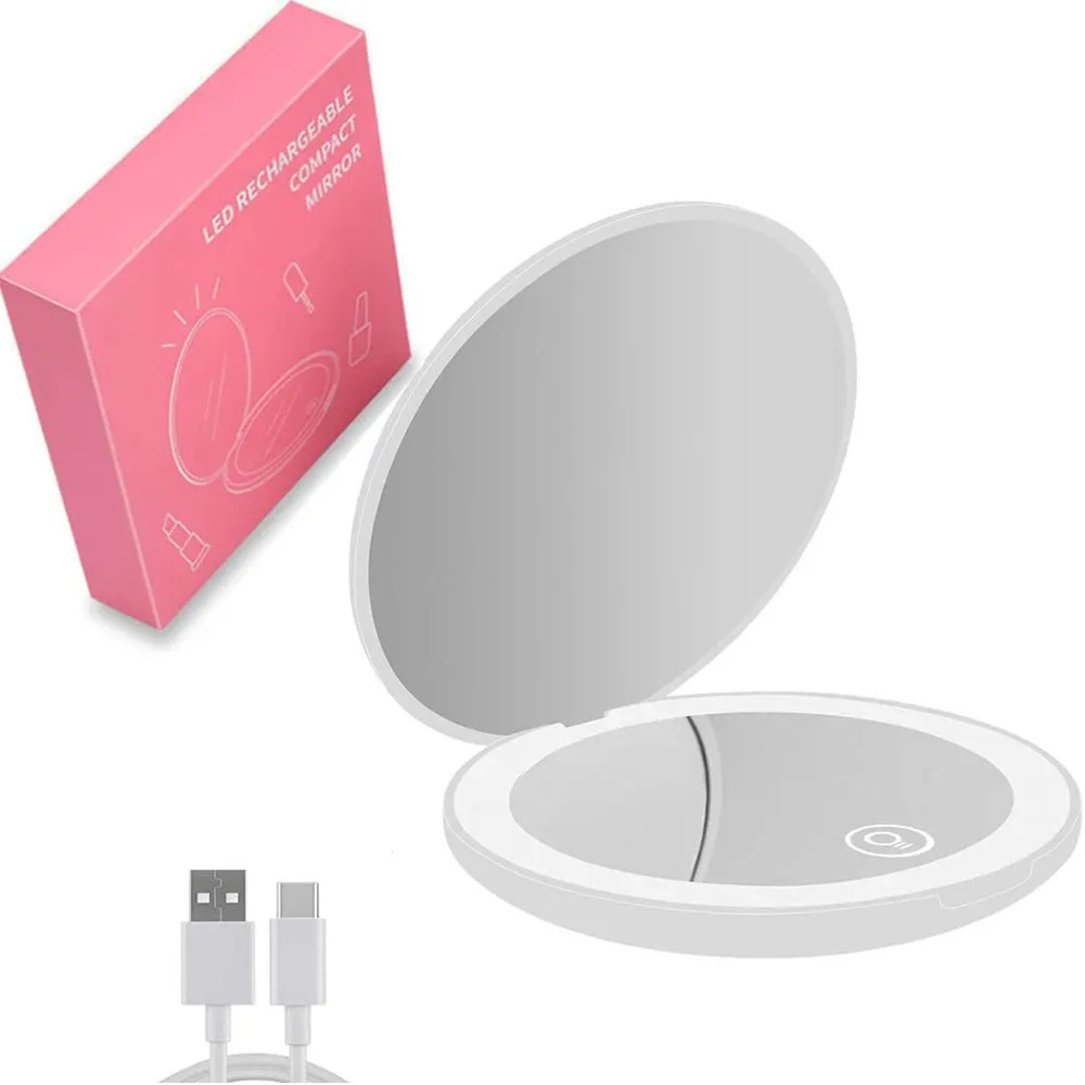 Folding compact LED light makeup mirror with 10X magnification