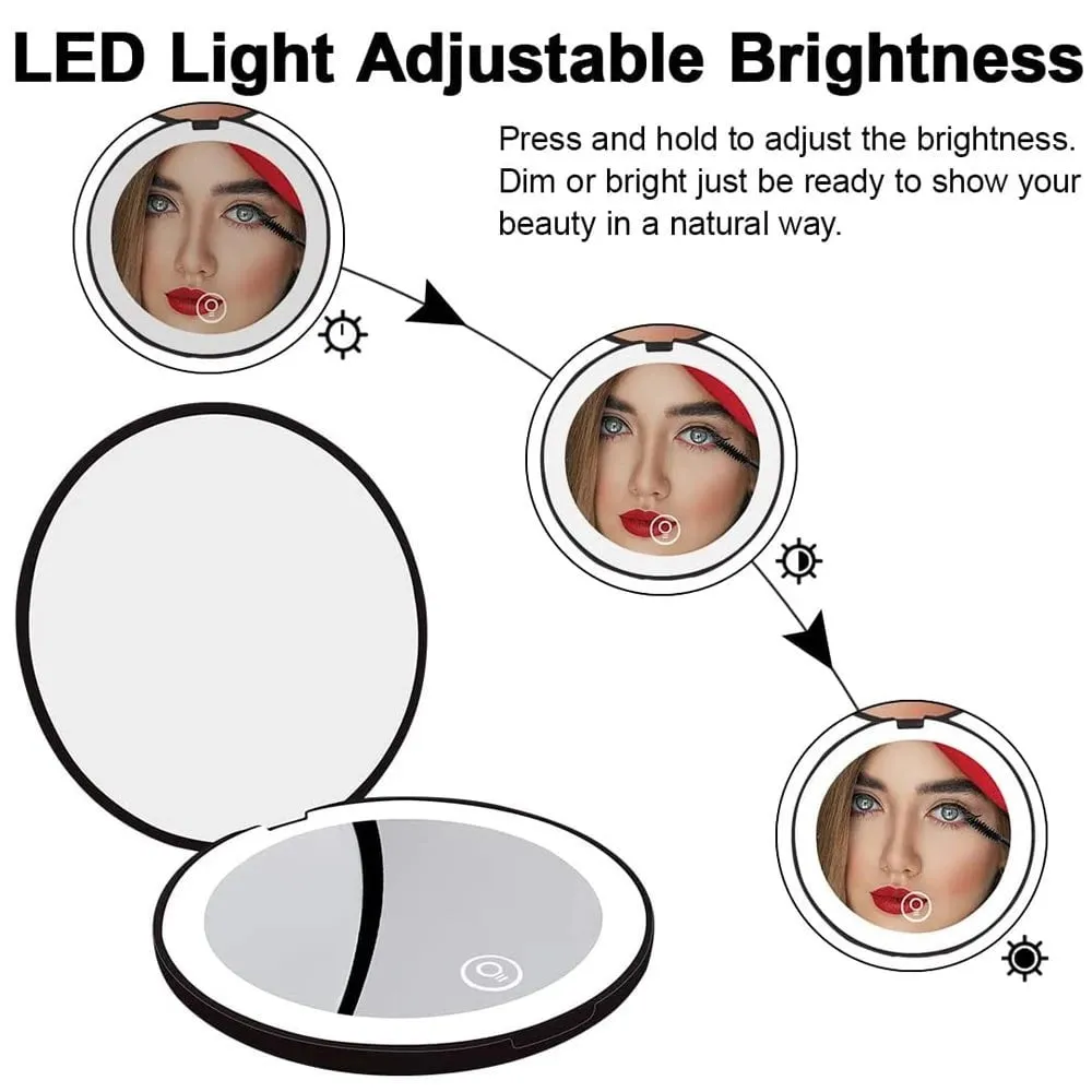 Folding compact LED light makeup mirror with 10X magnification