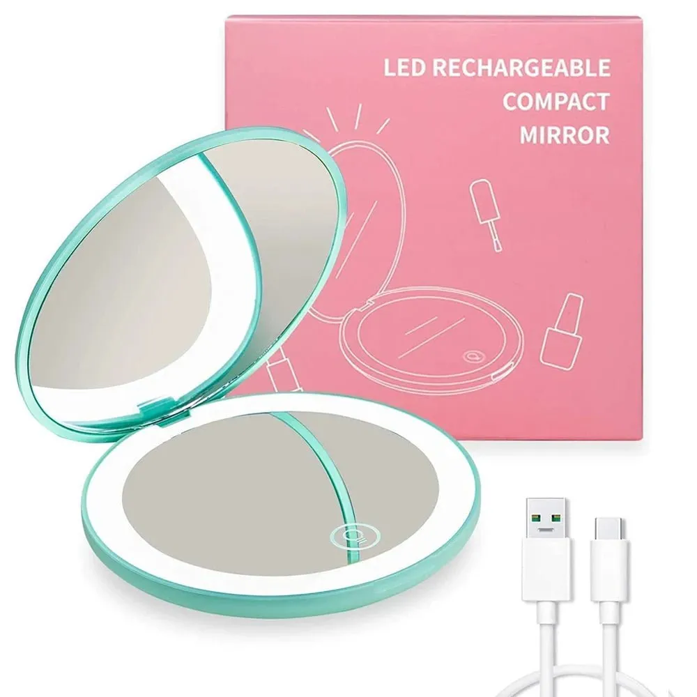 Folding compact LED light makeup mirror with 10X magnification