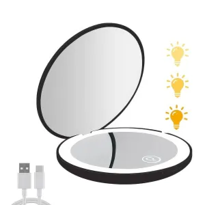 Folding compact LED light makeup mirror with 10X magnification