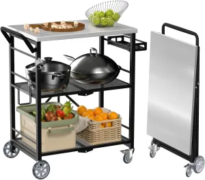Folding Grill Cart, Metal Pizza Oven Stand Table with 2 Total Lock Casters, 3 Shelf Foldable Kitchen Island Cart ，Stainless Steel Outdoor Rolling Cart with Wheels for Home Party, Bar, Camping（Black）
