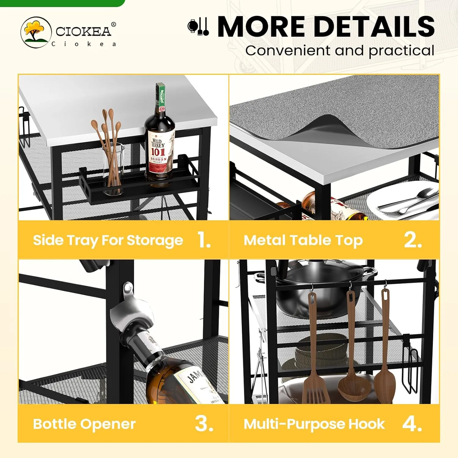 Folding Grill Cart, Metal Pizza Oven Stand Table with 2 Total Lock Casters, 3 Shelf Foldable Kitchen Island Cart ，Stainless Steel Outdoor Rolling Cart with Wheels for Home Party, Bar, Camping（Black）