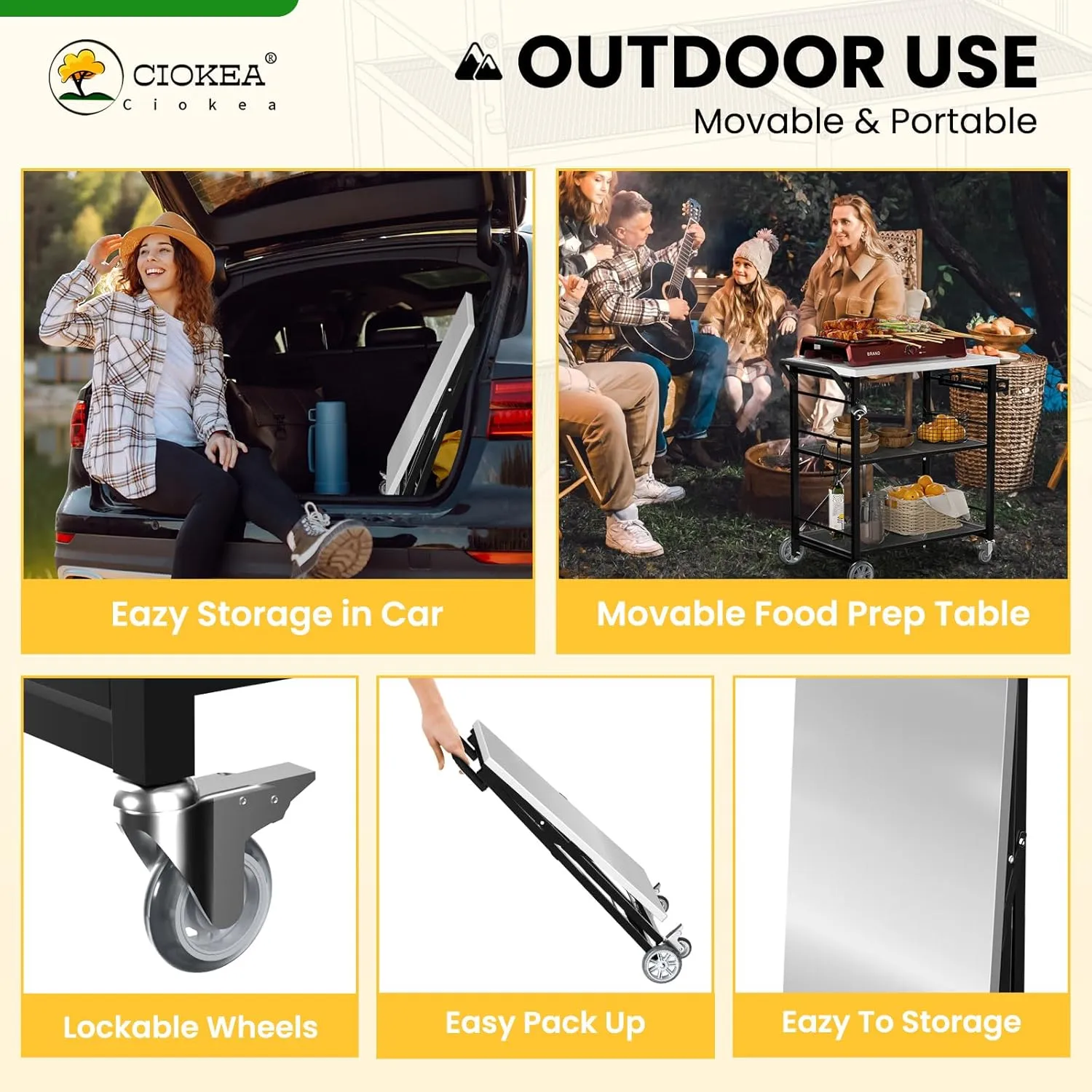 Folding Grill Cart, Metal Pizza Oven Stand Table with 2 Total Lock Casters, 3 Shelf Foldable Kitchen Island Cart ，Stainless Steel Outdoor Rolling Cart with Wheels for Home Party, Bar, Camping（Black）