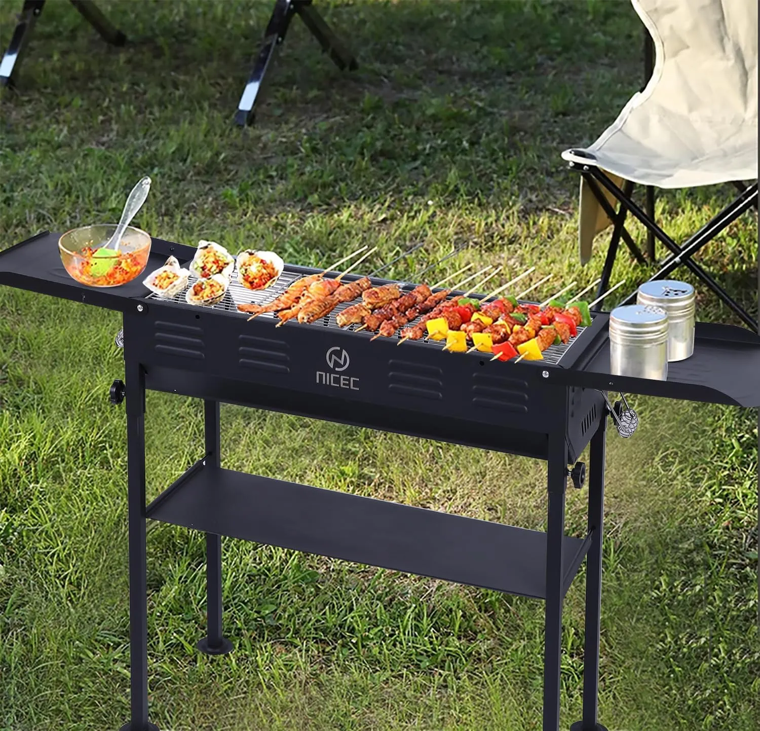 for Hibachi Grill, Storage Folding Picnic, Camping, Portable Grills, Recommended Value-for-money Camping for and with Charcoal C Nice Stainless Table, Grill Bag Grills, Patio BBQ (Black) Carry Shelf, Side Skewers