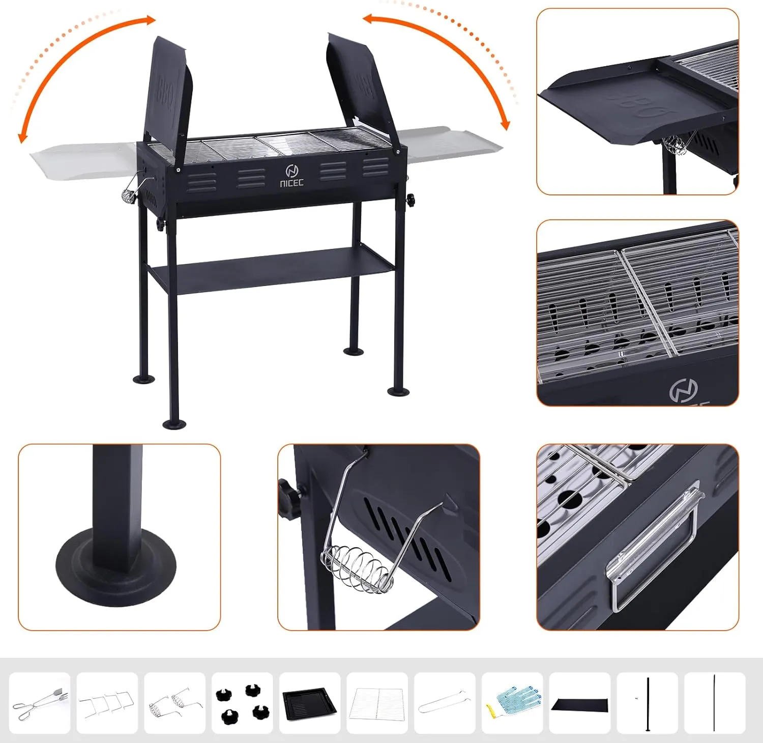 for Hibachi Grill, Storage Folding Picnic, Camping, Portable Grills, Recommended Value-for-money Camping for and with Charcoal C Nice Stainless Table, Grill Bag Grills, Patio BBQ (Black) Carry Shelf, Side Skewers