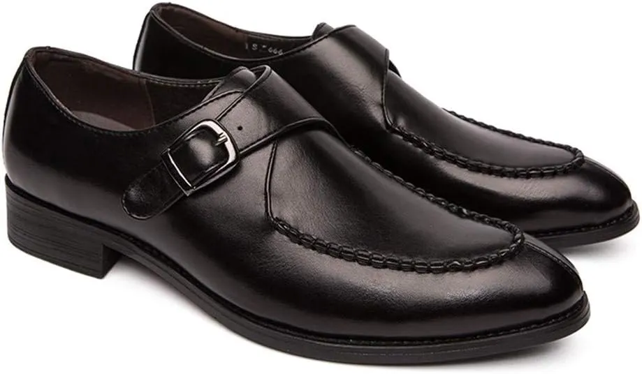 Formal Dress Shoes for Men Business Oxfords Slip-on Synthetic Leather Low Heel Anti-Skid Pointed Toe Stitched Split Joint Monk Strap Buckle