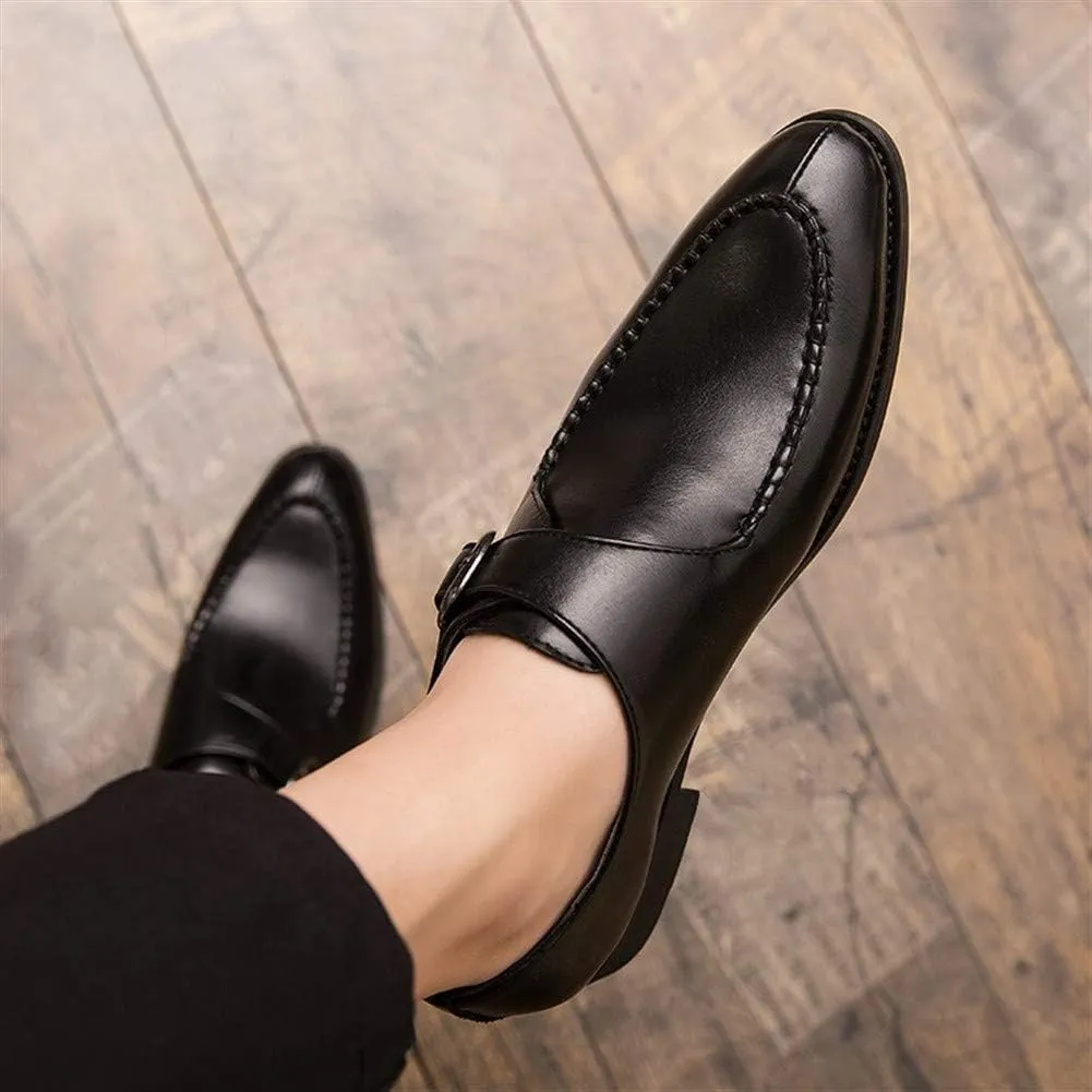 Formal Dress Shoes for Men Business Oxfords Slip-on Synthetic Leather Low Heel Anti-Skid Pointed Toe Stitched Split Joint Monk Strap Buckle