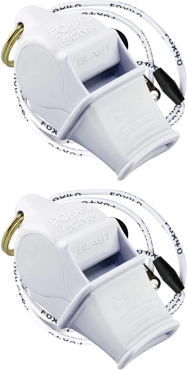 Fox 40 Sonik Blast CMG 2-Chamber Pealess Whistle w/Lanyard, White (Pack of 2)